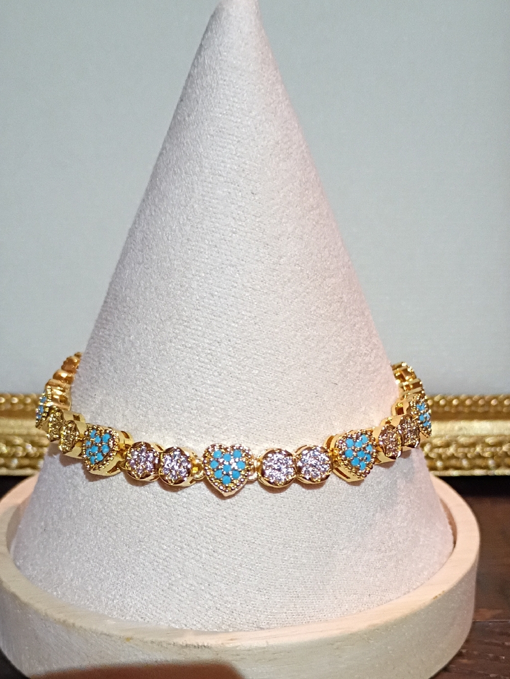 New Gold-Tone Heart & Round Turquoise Crystal Bracelet